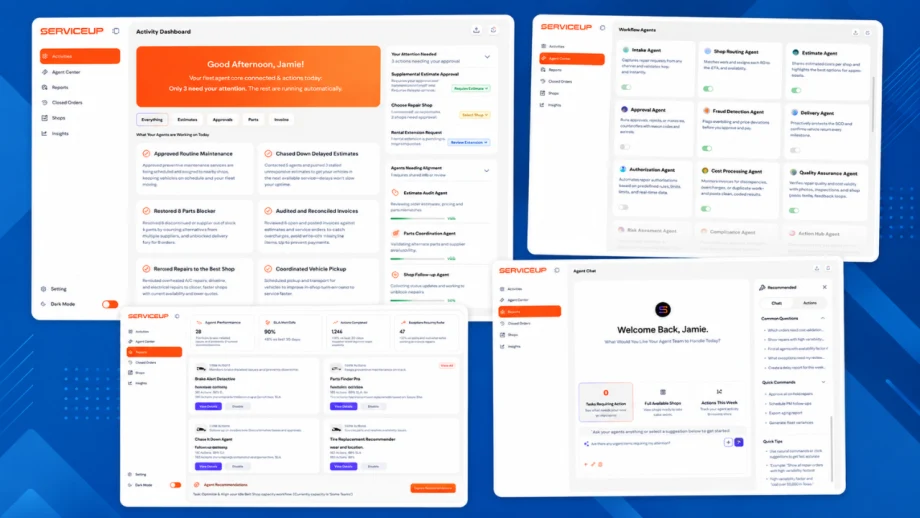 Collage-style hero image showing several ServiceUp fleet repair software screens on a blue geometric background, including an activity dashboard, workflow agents, repair opportunities, and agent chat interface.