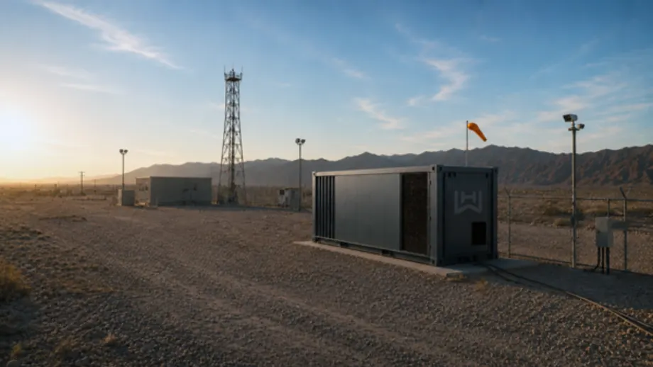 Battery energy storage system installed at a remote communications site, with a cellular tower, utility buildings, fencing, and desert mountains in the background, illustrating off-grid or backup power infrastructure.