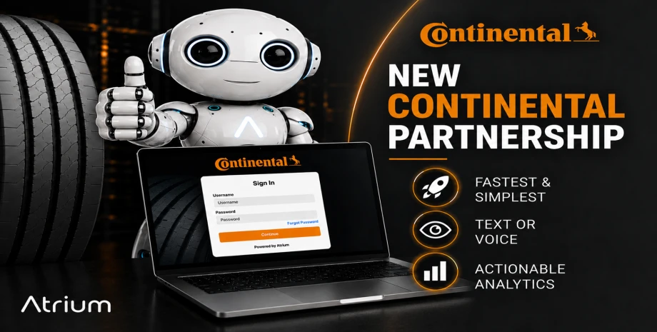 Promotional graphic announcing a new Continental partnership with Atrium, featuring a robot, commercial truck tire, laptop login screen, and icons highlighting fast onboarding, text or voice interaction, and actionable analytics.