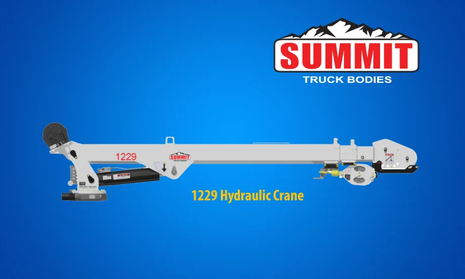 White truck crane against a blue background with logo for Summit Truck Bodies and headline 1229 Hydraulic Crane.