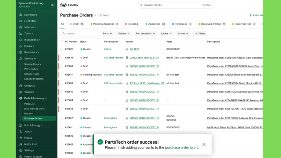 Fleetio Purchase Orders dashboard showing order statuses, vendors, parts, and locations, with a confirmation message stating, “PartsTech order success! Please finish adding your parts to the purchase order draft.”