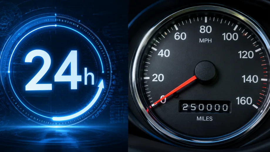 Split-screen graphic comparing engine hours and mileage, with a glowing 24-hour symbol on the left and a high-mileage vehicle speedometer and odometer on the right.