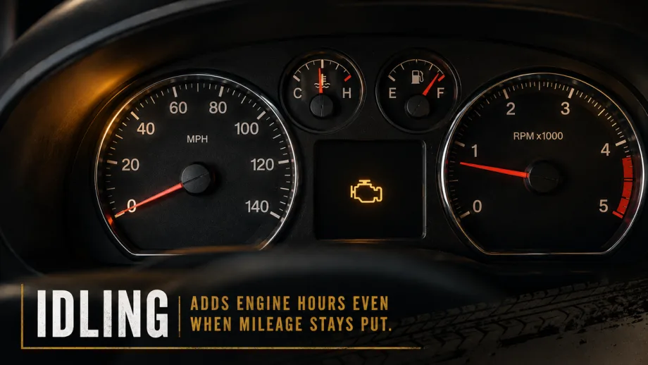 Vehicle dashboard showing the speedometer at 0 mph while the tachometer shows the engine running at idle, with a graphic noting that idling adds engine hours without adding mileage.