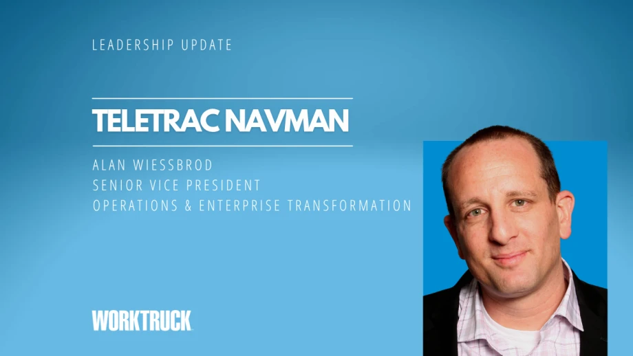 Work Truck leadership update graphic featuring Alan Wiessbrod, Teletrac Navman senior vice president of operations and enterprise transformation, alongside his portrait on a blue background.