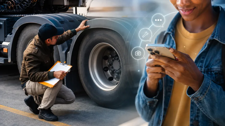 Driver uses a smartphone in the foreground while a fleet professional inspects the tires of a commercial truck.