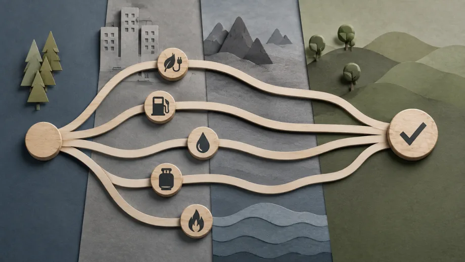 Conceptual map showing multiple energy paths, including electric, gasoline, propane, and other fuels, converging at the same operational goal.