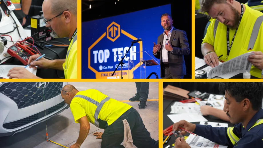 Collage from the Cox Automotive Top Tech competition showing technicians completing hands-on automotive challenges and paperwork, alongside a speaker presenting on stage.