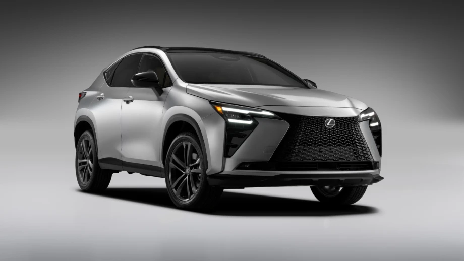 Silver 2027 Lexus NX compact crossover shown from the front three-quarter angle against a gray background.