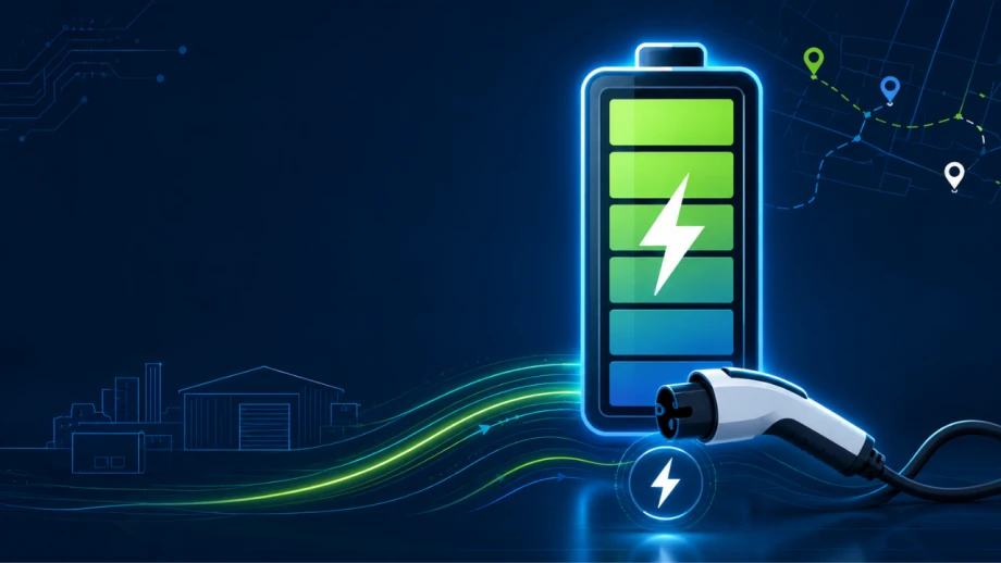 Conceptual illustration of a glowing battery, charging plug, energy lines, and route map representing electric and hybrid commercial fleet vehicles.