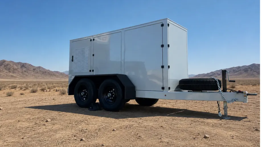 White dual-axle enclosed equipment trailer with side access doors and a spare tire, parked in a desert landscape with mountains in the background.