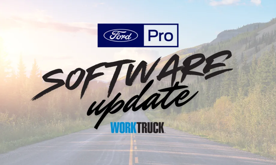 Ford Pro Software Update graphic featuring Ford Pro and Work Truck logos over a scenic mountain road surrounded by forest.