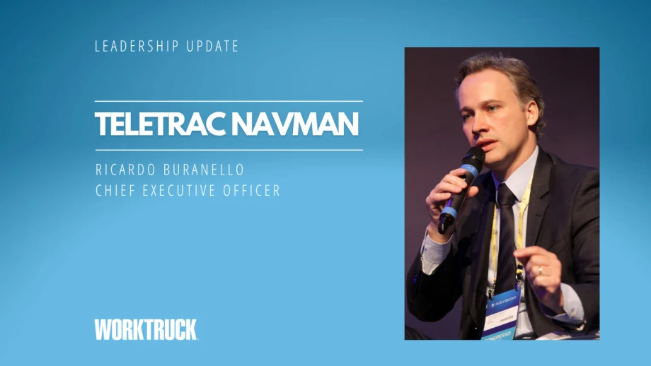 Leadership update graphic announcing Ricardo Buranello as chief executive officer of Teletrac Navman, featuring Buranello speaking into a microphone alongside the Work Truck logo.