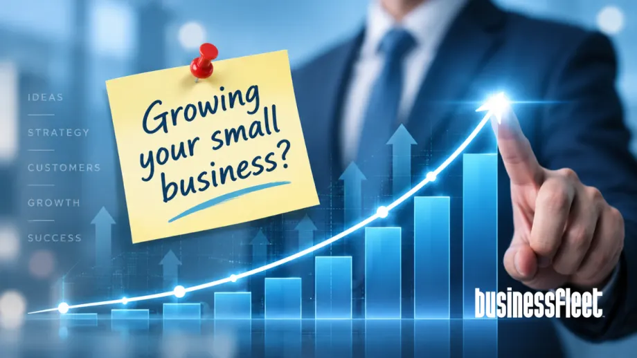 Business growth graphic with an upward-trending chart, a businessperson pointing to the rising line, and a yellow note that reads, “Growing your small business?”