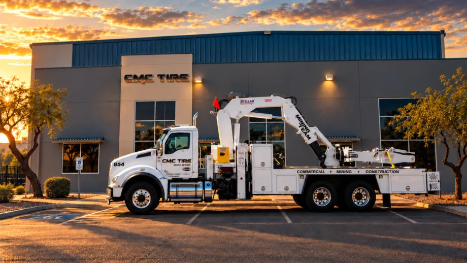 CMC Tire commercial service truck parked outside an Arizona tire service facility at sunset.