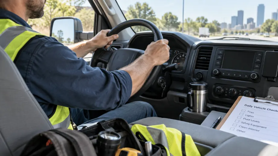 Worker drives a company vehicle with safety gear, tools, and a daily vehicle inspection checklist visible inside the cab.