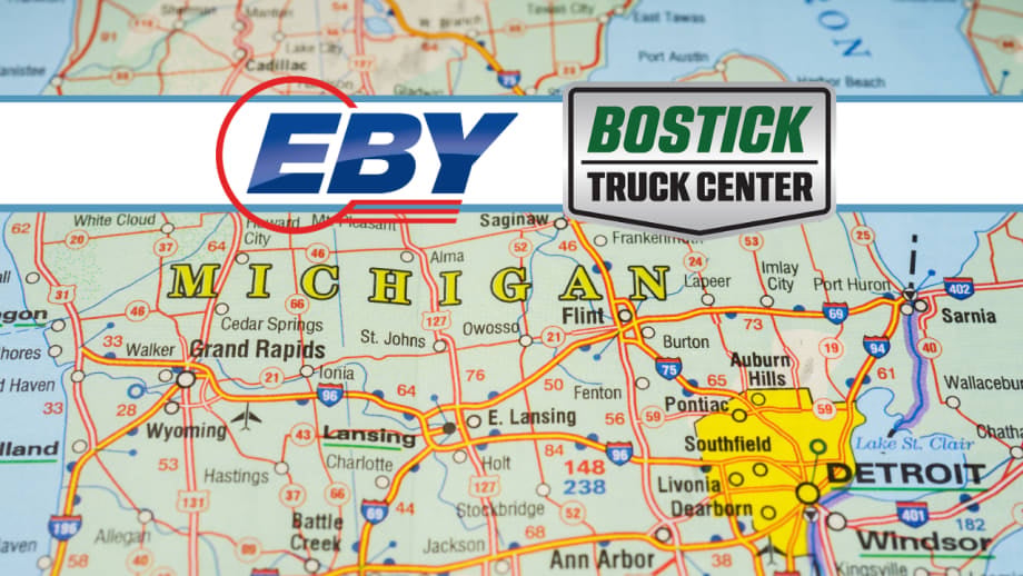 Graphic featuring EBY and Bostick Truck Center logos over a road map of Michigan highlighting cities including Detroit, Flint, Lansing, Grand Rapids, and Ann Arbor.