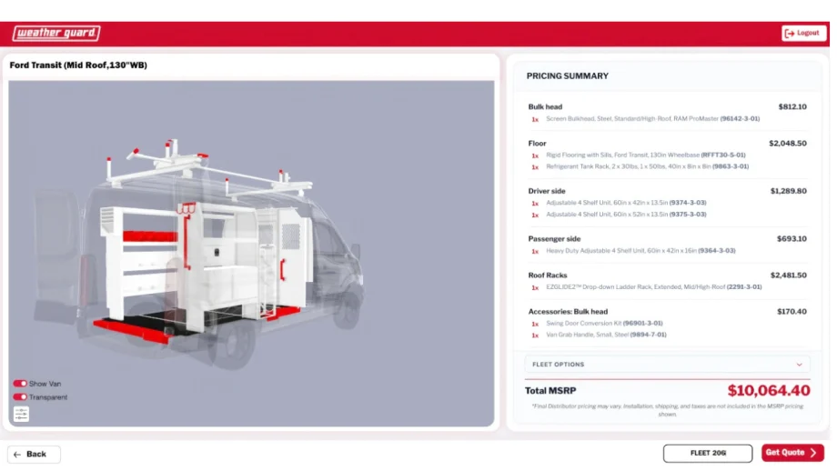 Weather Guard van configurator showing a transparent Ford Transit with shelving, storage, flooring, and roof rack equipment, alongside a pricing summary totaling $10,064.40