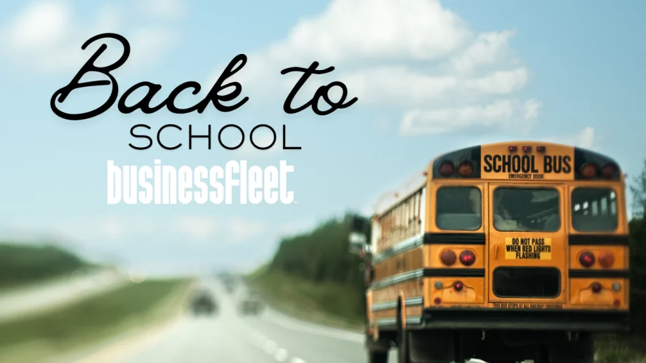 Business Fleet back-to-school graphic featuring a yellow school bus traveling on a highway under a blue sky.