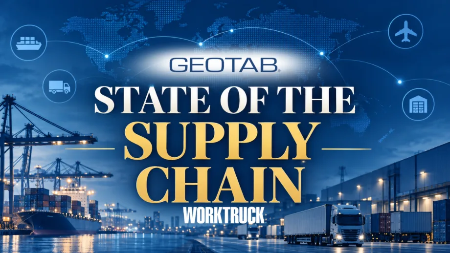 Supply chain graphic showing a cargo port, container ship, warehouse, and semi-trucks beneath a global logistics network map with the words “State of the Supply Chain.”