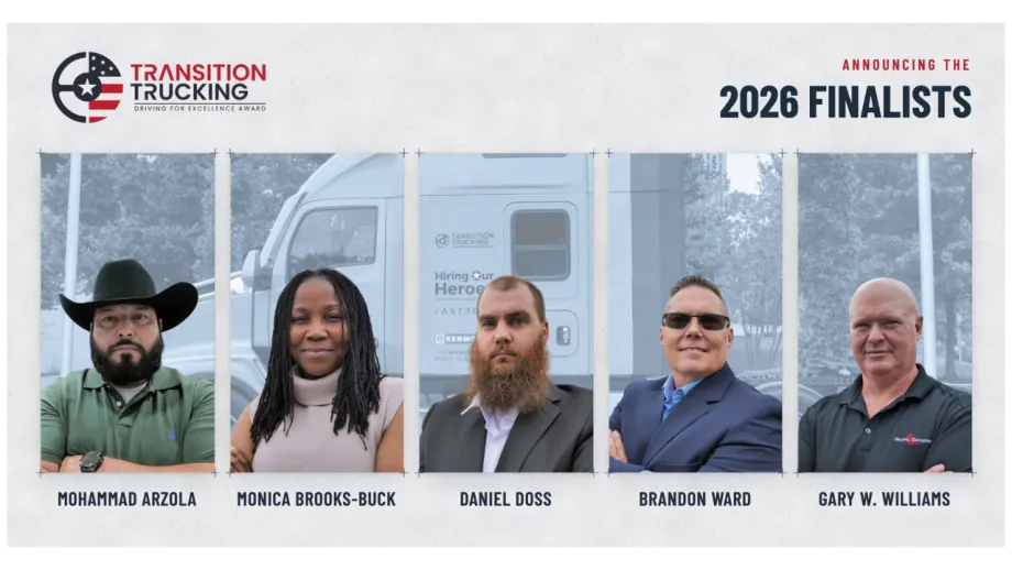 Transition Trucking Driving for Excellence Award graphic announcing five 2026 finalists: Mohammad Arzola, Monica Brooks-Buck, Daniel Doss, Brandon Ward, and Gary W. Williams, pictured in front of a semi-truck.