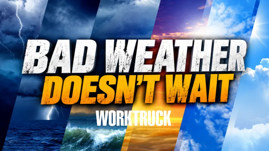 Graphic showing changing weather conditions, including lightning, dark storm clouds, rough water, and clearing skies, with the text “Bad Weather Doesn’t Wait.”