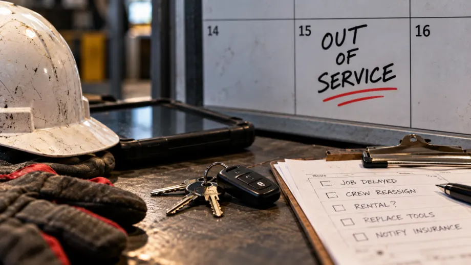 Work gloves, a hard hat, tablet, keys, and paperwork sit on a workbench beside a calendar marked “Out of Service,” illustrating the operational disruption caused by a missing work truck.