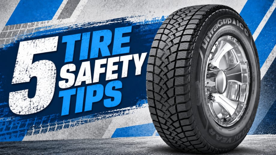 Graphic featuring a work truck tire with the text “5 Tire Safety Tips” on a blue and gray background.