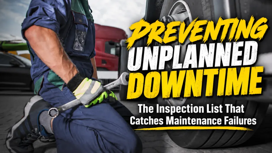 Fleet maintenance graphic showing a technician holding a wrench beside a truck tire, with the headline “Preventing Unplanned Downtime” and subhead about an inspection list that catches maintenance failures.