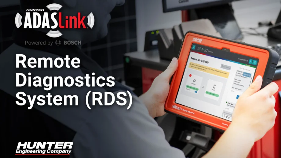 Hunter Engineering ADASLink Remote Diagnostics System graphic showing a technician holding a diagnostic tablet, with Hunter ADASLink and Bosch branding.