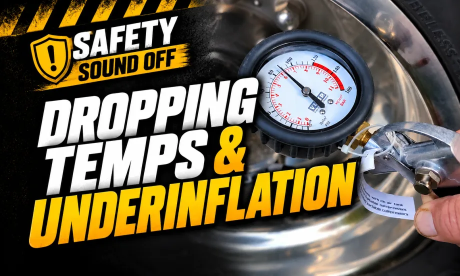 Safety Sound Off graphic showing a tire pressure gauge attached to a wheel, with the headline “Dropping Temps & Underinflation” emphasizing tire safety in colder temperatures.