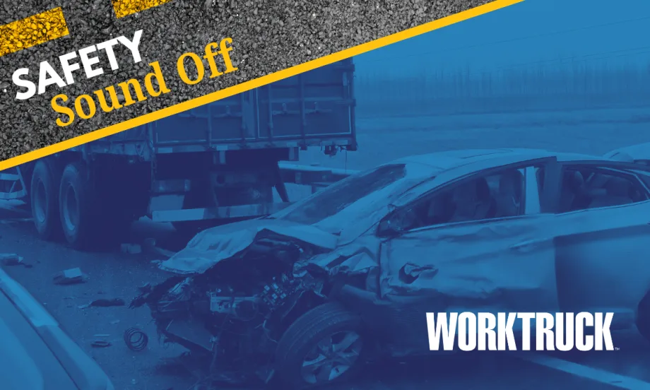 Safety Sound Off logo and headline top left set in front of a blue-toned vehicle crash photo, Work Truck logo bottom right.