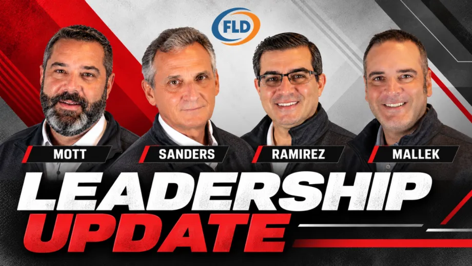 Leadership update graphic featuring four FLD executives, from left to right, Gary Mott, Ron Sanders, Santiago Ramirez, and Richard Mallek, against a red, black, and gray background with bold “Leadership Update” lettering.