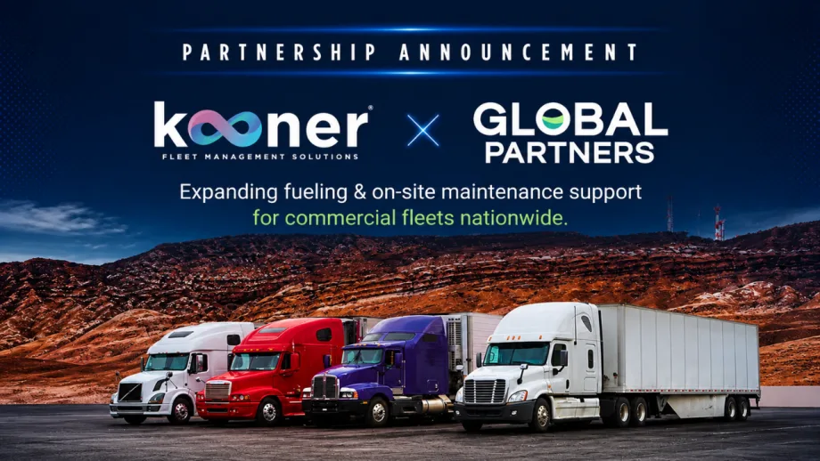 Partnership announcement graphic featuring the Kooner Fleet Management Solutions and Global Partners logos above four commercial semi-trucks, highlighting expanded access to fueling and on-site fleet maintenance services.