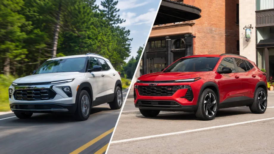 Split-image collage showing a white 2027 Chevrolet Trailblazer driving along a tree-lined road on the left and a red 2027 Chevrolet Trax RS parked on a city street on the right, both viewed from the front three-quarter angle.