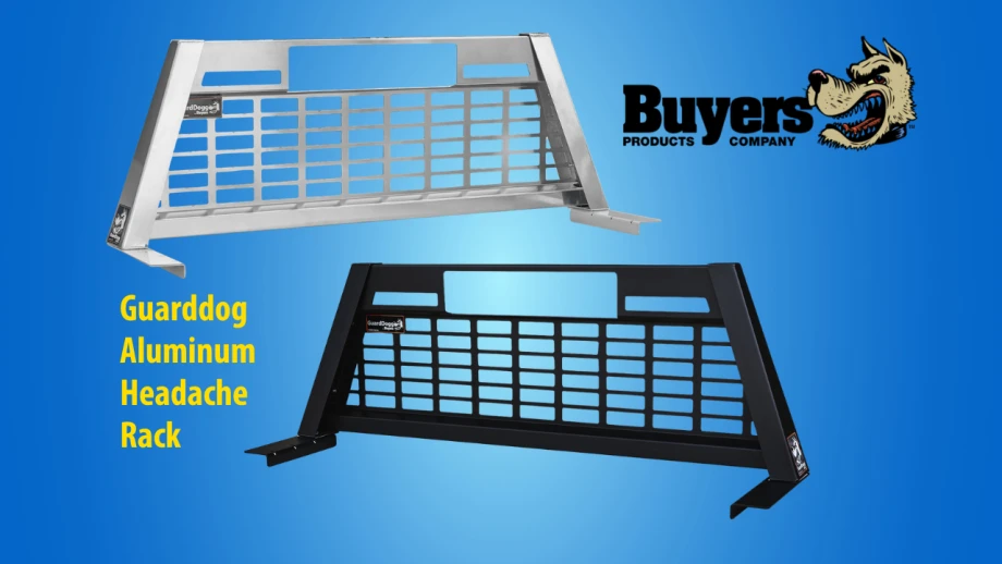 Buyers Products Company Guarddog aluminum headache racks displayed in silver and black finishes against a blue background, featuring protective metal grid designs for pickup truck rear windows.