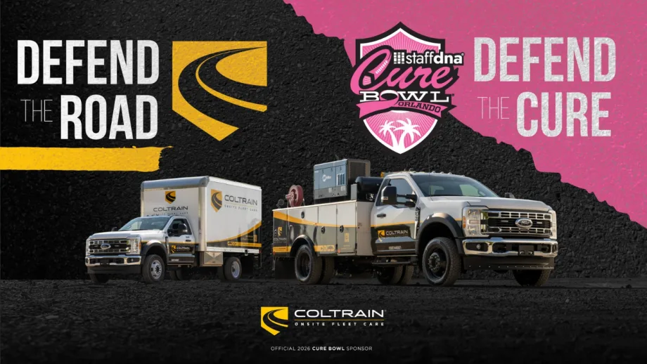 Promotional graphic for Coltrain Onsite Fleet Care's sponsorship of the 2026 StaffDNA Cure Bowl, featuring two branded Ford service trucks, the Cure Bowl logo, and the message "Defend the Road. Defend the Cure" against a black, yellow, and pink background.