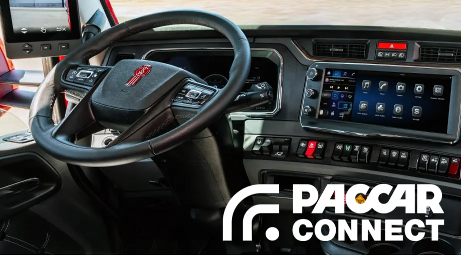 Interior view of a Kenworth commercial truck cab featuring a multifunction steering wheel, digital instrument cluster, touchscreen infotainment system, dashboard controls, and PACCAR Connect branding in the lower right corner.