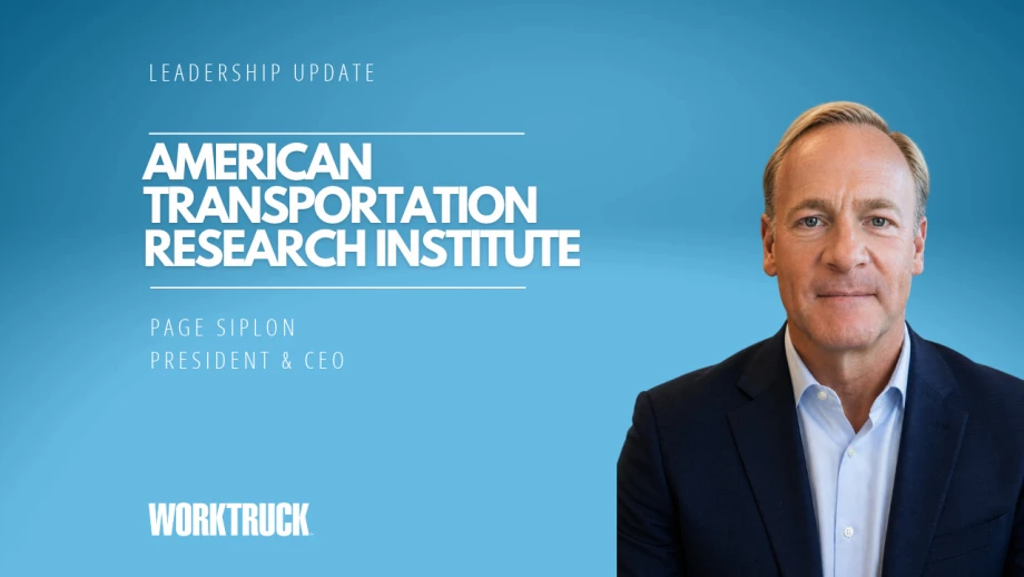 Work Truck leadership update graphic featuring Page Siplon, president and CEO of the American Transportation Research Institute (ATRI), with his portrait against a blue gradient background and the Work Truck logo.