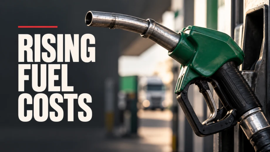 Green fuel nozzle at a fueling station beside bold white text reading “Rising Fuel Costs.”