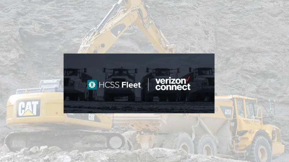 HCSS Fleet and Verizon Connect logos displayed over images of heavy construction equipment, including Caterpillar excavators and articulated dump trucks operating at a rocky construction site.