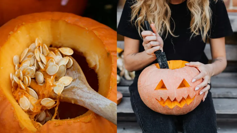 Side-by-side photos show pumpkin seeds being scooped out with a wooden spoon and a person carving a jack-o’-lantern with triangular eyes and a jagged smile.