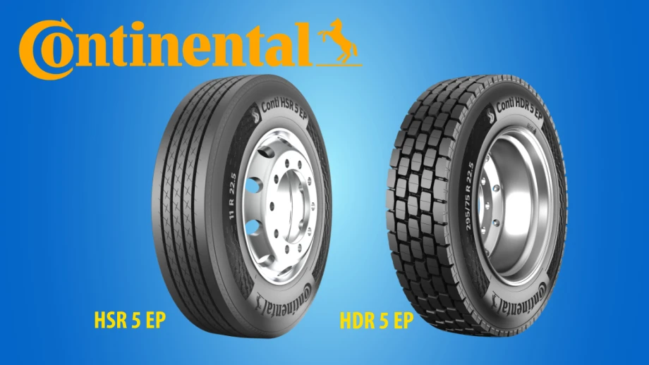 Continental HSR 5 EP steer tire and HDR 5 EP drive tire displayed side by side against a blue gradient background, highlighting their distinct tread patterns, with the Continental logo above.