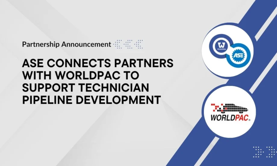 Gray and blue graphic background with wording ASE Connects Partners with WorldPac to Support Technician Pipeline Development.