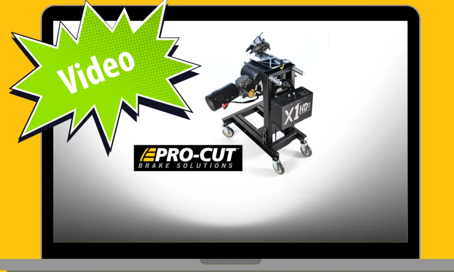 Yellow background, inset computer screen with mage of a brake lathe and logo for Pro-Cut and green starburst with headline for Video.