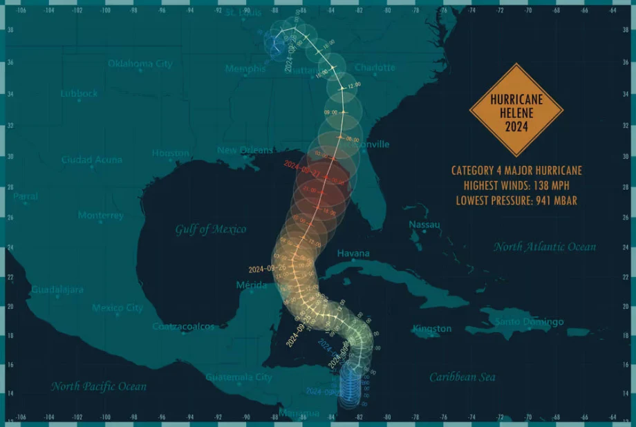 Tracking map of Hurricane Helene’s landfall and path through the southeastern U.S., illustrating storm intensity and regional impact zones.