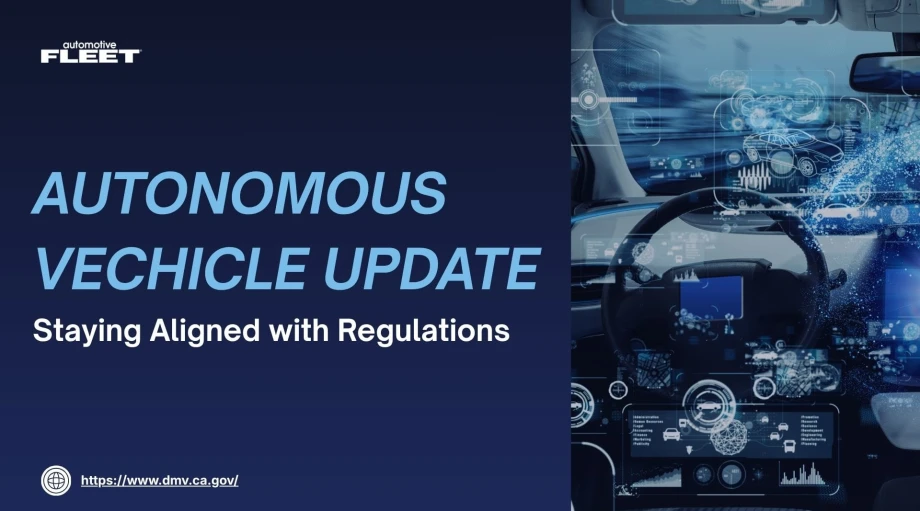 Graphic announcing California DMV autonomous vehicle regulation updates with futuristic self-driving car dashboard visuals and text about staying aligned with regulations.