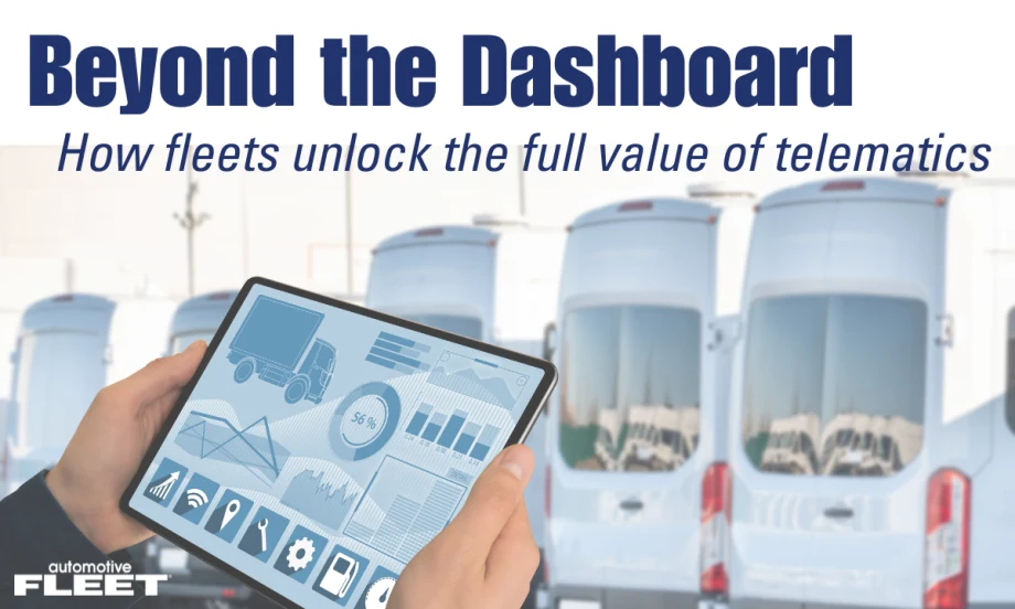 Tablet displaying fleet telematics analytics in front of commercial vans, illustrating how fleet operators use vehicle data to improve safety, efficiency, and performance.