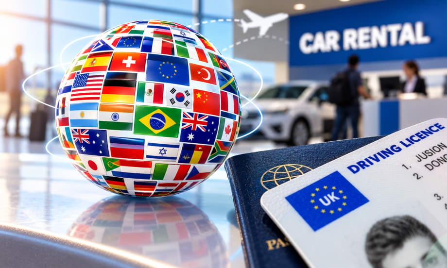 globe of world and drivers license from UK