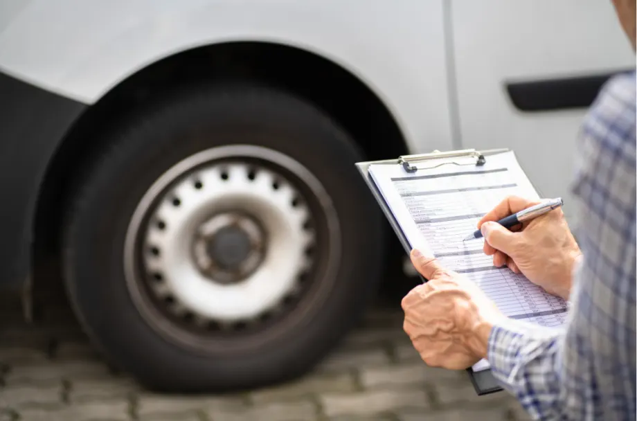 A person holding a clipboard and writing on an inspection checklist beside the wheel of a large white vehicle, likely conducting a fleet or safety inspection.