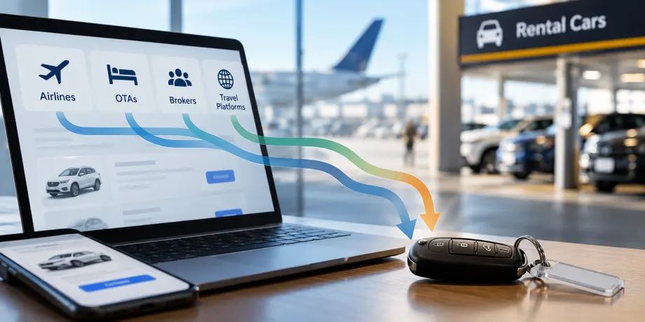 a laptop shows different connectivity paths for car rental supply